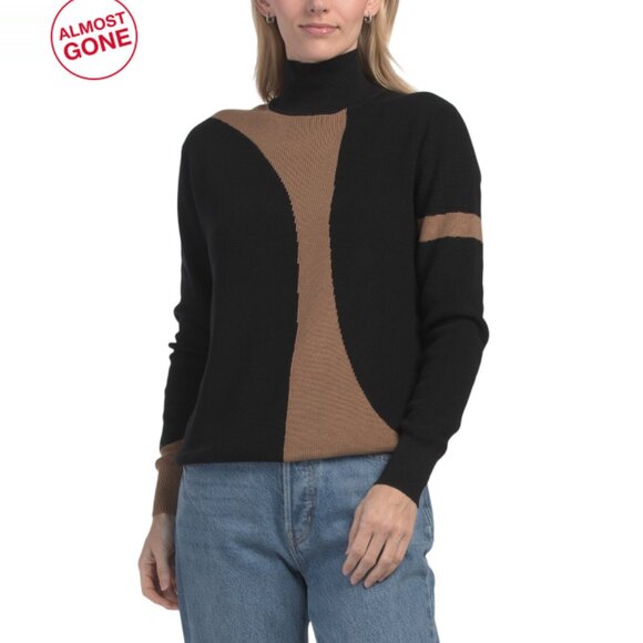 EDINBURGH KNITS BLACK/BROWN Pima Cotton Geo Mock Neck Sweater - Picture 1 of 2